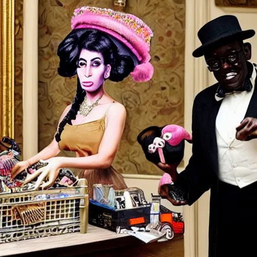 Image similar to beautiful lifelike painting of flava flav and amy winehouse buying a rare furby collection in downton abbey, hyperreal detailed facial features and uv lighting, art by ed roth and basil wolverton