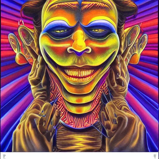 Image similar to Alex Grey artwork of a scheming jester offering a card