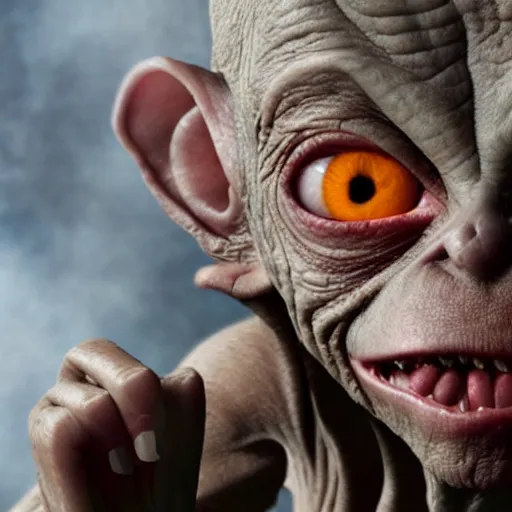 Prompt: Gollum with big red eyes smokes blunt