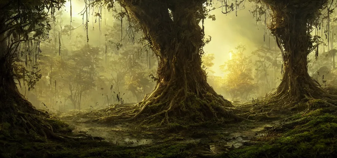 Image similar to cinematic, panorama, post-apocalyptic city overgrown by nature, tree roots, moss, close up, details, sharp focus, elegant, highly detailed, illustration, golden dawn light, by Jordan Grimmer and greg rutkowski, intricate, Beautiful dynamic dramatic moody lighting,shadows,cinematic atmosphere, Trending artstation, pixiv, digital Art