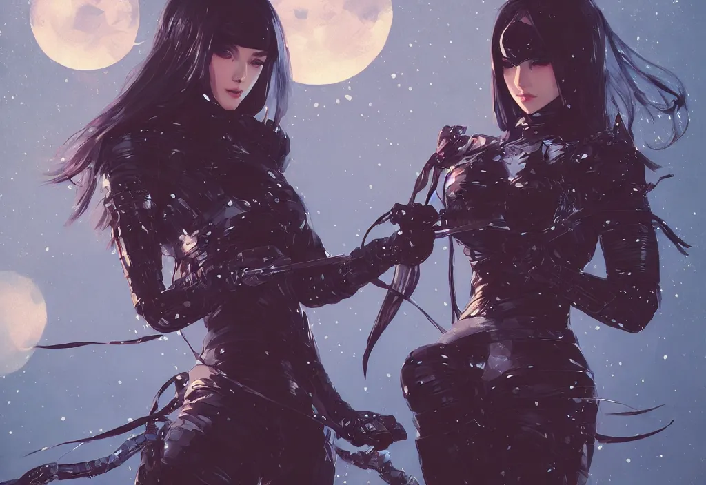 Image similar to portrait ninja gaiden girl, armored shiny ninja wardrobe, at snowy fuji mountain moonlight, ssci - fi and fantasy, intricate and beautiful and elegant, digital painting, artstation, concept art, smooth and sharp focus, illustration, art by tian zi and wlop and alphonse mucha