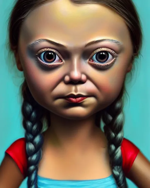 Image similar to closeup face profile portrait of a tin toy greta thunberg as a bikini girl, hyper realistic, artstation, illustration, nicoletta ceccoli, mark ryden, lostfish, max fleischer, digital paint, matte paint, vivid colors, dark, sinister, detailed and intricate environment