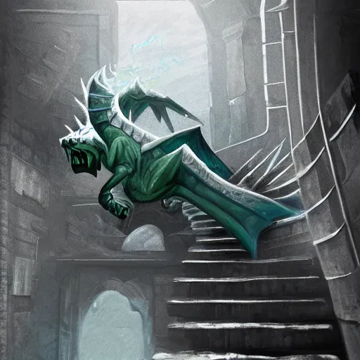 Image similar to digital painting of a dragonborn falling down the stairs, ultra realistic