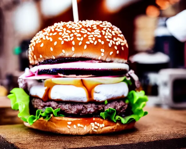 Image similar to dslr food photograph of burger with marshmallows in it, some chocolate sauce, 8 5 mm f 1. 4