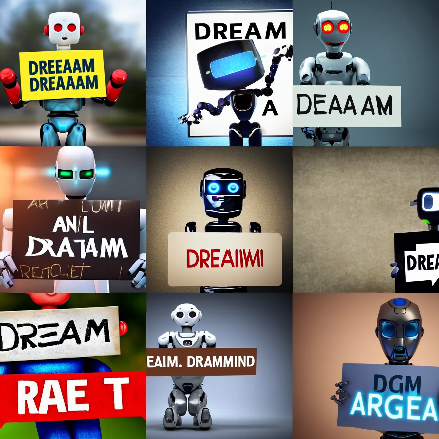 Prompt: realistic high quality photo of artificial intelligence robot holding a sign with text that reads : dream