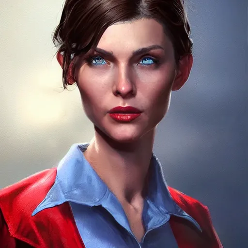 Image similar to portrait of a brunette slim woman with blue eyes in fallout 4, light stubble with red shirt inside victorian mansion ,digital art,photorealistoc,art by greg rutkowski,hyperdetailed,western comic style,comic,comic style,sharp lineart,professional lighting,deviantart,artstation,trevor henderson,rossdtaws,cinematic,dramatic