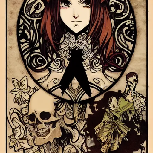 Image similar to anime manga skull portrait face skeleton illustration style by Alphonse Mucha and Jim Lee comic pop art nouveau