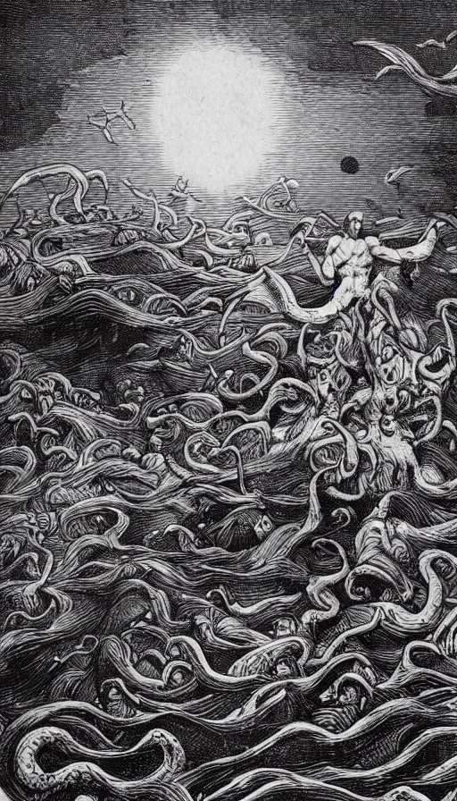 Image similar to man on boat crossing a body of water in hell with creatures in the water, sea of souls, by h. p. lovecraft