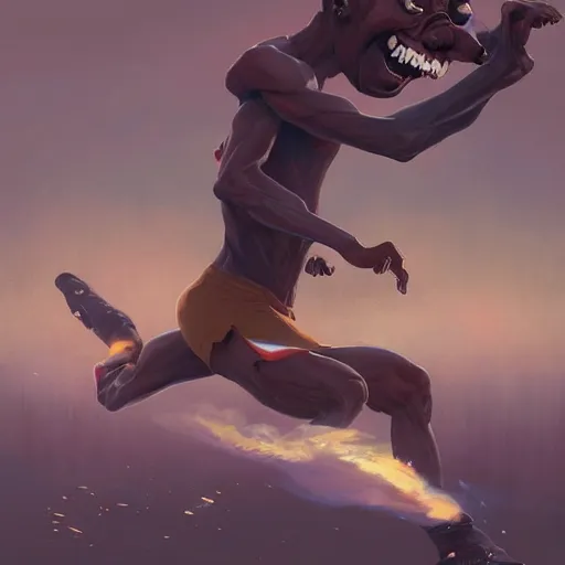 Image similar to cinematic painting of qwop!!!!!!!!!!!!!!!!!!!! running down the track by alvaro castagnet, peter mohrbacher and dan mumford, kinetic, motion, athletic, running