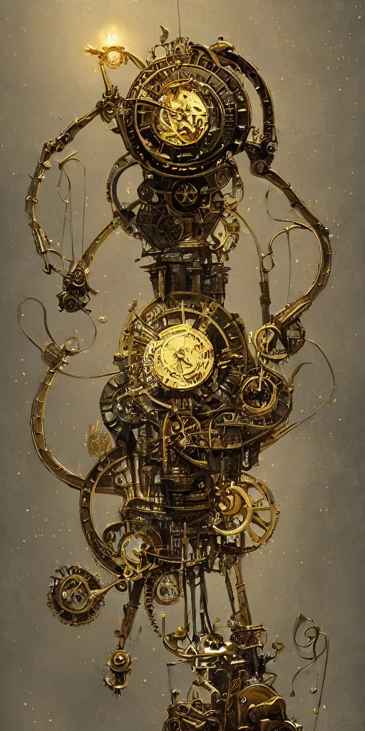 Prompt: painting of a giant mechanical clockwork marionette made of brass and gold in a dark moody theatre, puppet, ornate, engraved highly detailed, fantasy, render, digital painting, trending on artstation, concept art, illustration, in the style of dishonored, art by piotr jablonski, arkane lyon, artgerm and greg rutkowski