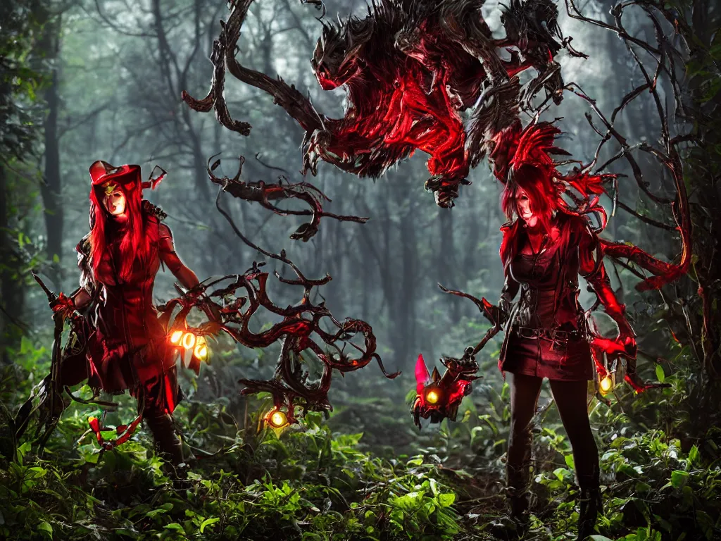 Prompt: mystical monsters in forest hunting on gamekeeper - red ridding hood. she wearing a steampunk and neonpunk mechanical fluorescent mystical animal masks. realistic fornite style. full body. product introduction photos. luminescent, elements, by stanley artgerm lau. epic cinematic shot, perfectly defined features, ambient occlusion