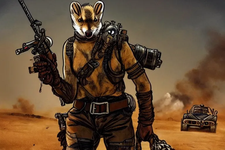 Image similar to a good ol'weasel fursona ( from the furry fandom ), heavily armed and armored facing down armageddon in a dark and gritty version from the makers of mad max : fury road. witness me.