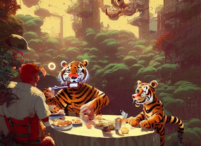 Prompt: tony the tiger eating a juicy steak while people watch - art, by wlop, james jean, victo ngai! muted colors, highly detailed, fantasy art by craig mullins, thomas kinkade cfg _ scale 8