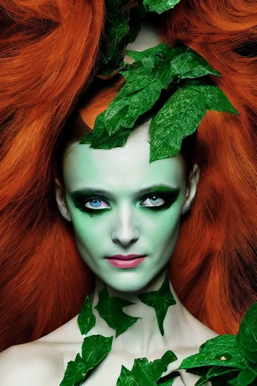 Image similar to A beautiful portrait of Daria Strokous smiling as Poison Ivy from Batman as a Versace fashion model Spring/Summer 2010, highly detailed, in the style of cinematic, Getty images, Milan fashion week backstage, Extreme close up, Makeup by Pat McGrath, Hair by Guido Palau, Greg rutkowski