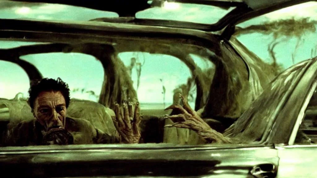 Prompt: the creature sells a used car, made of wax and oil, film still from the movie directed by Denis Villeneuve with art direction by Salvador Dalí, wide lens