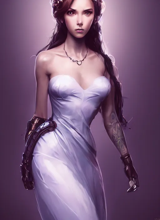 Image similar to beautiful fashion goddness, strapless dress, character portrait in the style of thomas river and artgerm, wlop, cinematic lighting, hyperdetailed, 8 k realistic, symmetrical, global illumination, radiant light, halo, love and mercy, frostbite 3 engine, cryengine, dof, trending on artstation, digital art, chanel