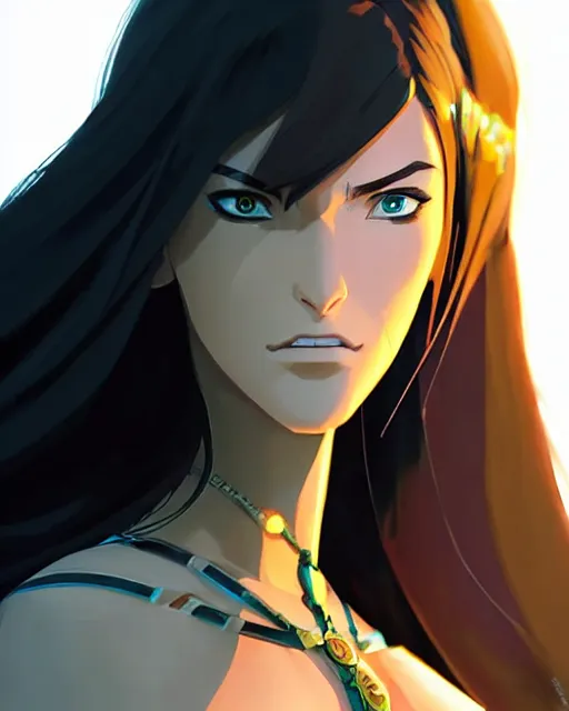 Image similar to azctec warrior, megan fox, gemstone forehead, detailed perfect face, exquisite details, fire magic, mid view, design on a white background, by studio muti, greg rutkowski makoto shinkai takashi takeuchi studio ghibli