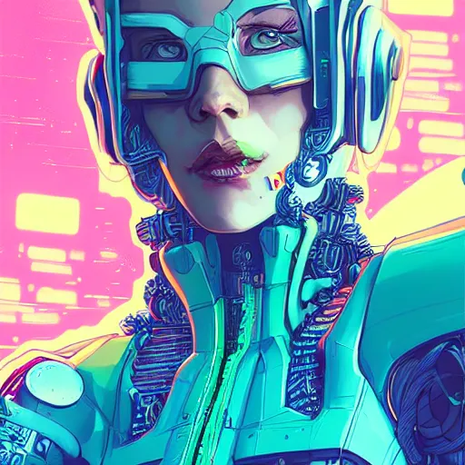 Image similar to comic book illustration, a portrait of a cybernetic raver girl, cyberpunk concept art by josan gonzales and wlop, highly detailed, intricate, sci-fi, sharp focus, Trending on Artstation HQ, deviantart