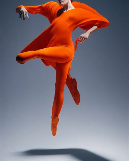 Image similar to expressively dancing on a bold James Turrell lit stage, a beguiling modern dancer dynamic Pantene gorgeous long luxurious hair flowing and flipping, high fashion photograph, isolated on vivid orangered, By Steven Meisel, by WLOP