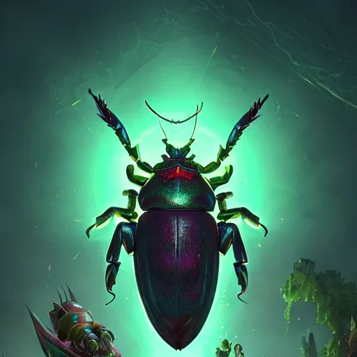 Prompt: a giant glowing horned beetle, horned beetle, horned beetle, green theme, bright art masterpiece artstation. 8 k, sharp high quality artwork in style of jose daniel cabrera pena and greg rutkowski, concept art by tooth wu, blizzard warcraft artwork, hearthstone card game artwork, horned beetle