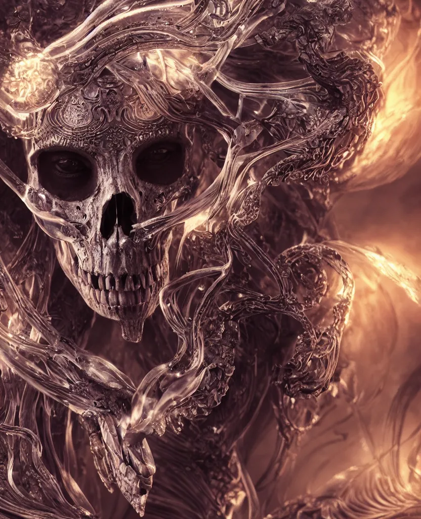 Image similar to close-up macro portrait of the face of a beautiful princess with animal skull mask, epic angle and pose, ribcage bones symmetrical artwork, 3d with depth of field, blurred background, cybernetic jellyfish female face skull phoenix bird, translucent, nautilus, energy flows of water and fire. a highly detailed epic cinematic concept art CG render. made in Maya, Blender and Photoshop, octane render, excellent composition, cinematic dystopian brutalist atmosphere, dynamic dramatic cinematic lighting, aesthetic, very inspirational, arthouse. y Greg Rutkowski, Ilya Kuvshinov, WLOP, Stanley Artgerm Lau, Ruan Jia and Fenghua Zhong