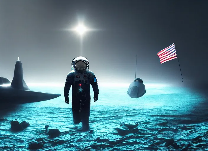 Image similar to astronaut holding a flag in an underwater desert. a submarine is visible in the distance. dark, concept art, cinematic, dramatic, atmospheric, 8 k, trending on artstation, blue, fish, low visibility, fog, ocean floor, christopher nolan, interstellar