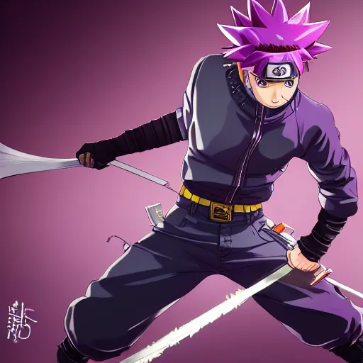 Prompt: close up of a naruto in smooth purple ninja uniform, blue spiked hair, muscular, intense, dramatic pose body of an ultrafine hyperdetailed illustration by mike campau, kim jung gi, irakli nadar, intricate linework, sharp focus, bright colors, octopath traveler, final fantasy, unreal engine 5, global illumination, radiant light.