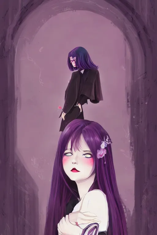 Cartoon illustration of a sad vampire girl with long black hair