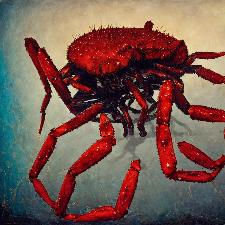 Prompt: Hyperrealistic intensely colored Studio wet collodion Photograph portrait of a deep sea Giant Spider Crab deep underwater in darkness long exposure, award-winning nature deep sea expressionistic impasto heavy brushstrokes oil painting by Jenny Saville and Norman Rockwell and Audubon vivid colors hyperrealism 8k