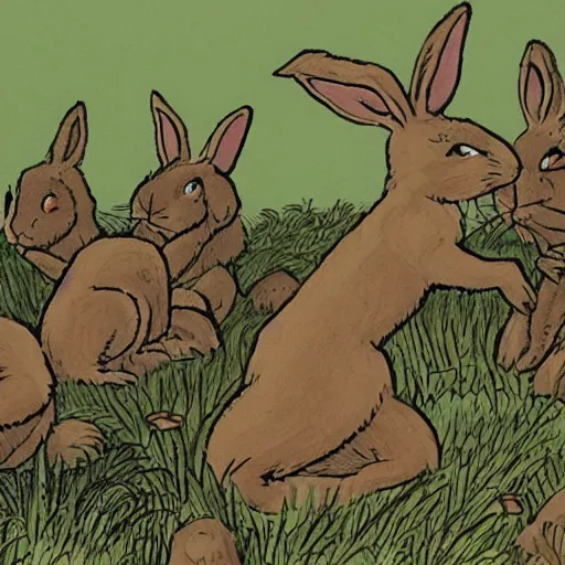 Prompt: an illustration of the terrified rabbits of watership down