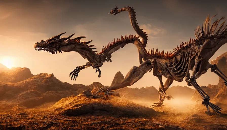 Image similar to hyper realistic highly detailed nature photography of a skeleton dragon, prehistoric planet, volumetric lighting, octane render, 4 k resolution, golden hour