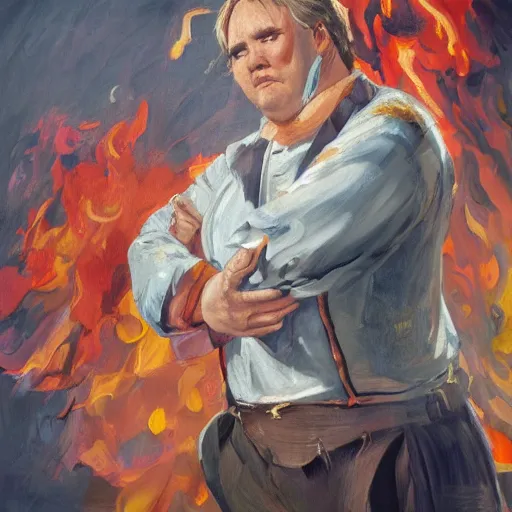 Image similar to portrait of john candy crying in the metaverse, fire and pain, oil on canvas by william sydney mount, trending on artstation