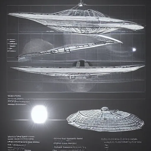 Image similar to technical drawings of a a interstellar spacecraft, amazing, intense lighting, intense effects