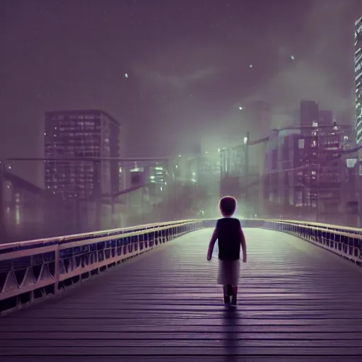 Prompt: a lonely boy on a city bridge looking to the river at night, digital painting, masterpiece, digital art, hyperrealistic, concept art, octane render, unreal engine 5, trending on deviantart, sad atmosphere, centered, anatomically correct, oil painting, high contrast, serene scenery, loneliness, path traced, dark night, paul lehr, 2 d