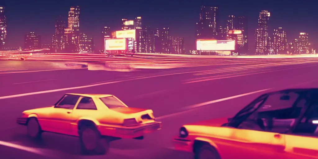 Image similar to 8 0 s neon movie still, high speed car chase on the highway at night with bright city in background, medium format color photography, 8 k resolution, movie directed by kar wai wong, hyperrealistic, photorealistic, high definition, highly detailed, tehnicolor, anamorphic lens, award - winning photography, masterpiece