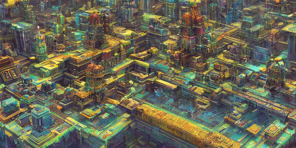 Image similar to A trending digital art of an aerial shot of a cyberpunk style grand Hindu temple in a futuristic city