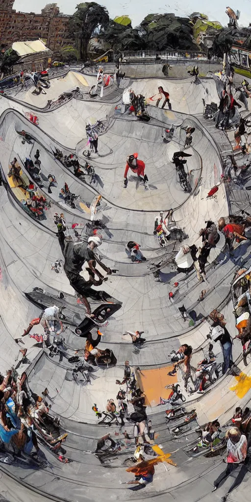 Image similar to oil painting scene skatepark with skaters and ramp by kim jung gi