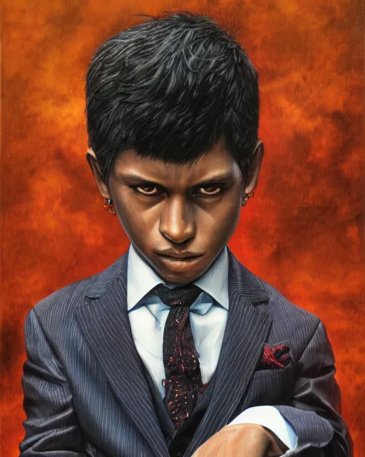 Image similar to portrait of a 7 year old child gang leader, gritty, looking serious, wearing a suit and a tie, very detailed eyes, hyperrealistic, beautiful, very detailed painting by Glenn Fabry, by Joao Ruas, by Artgerm