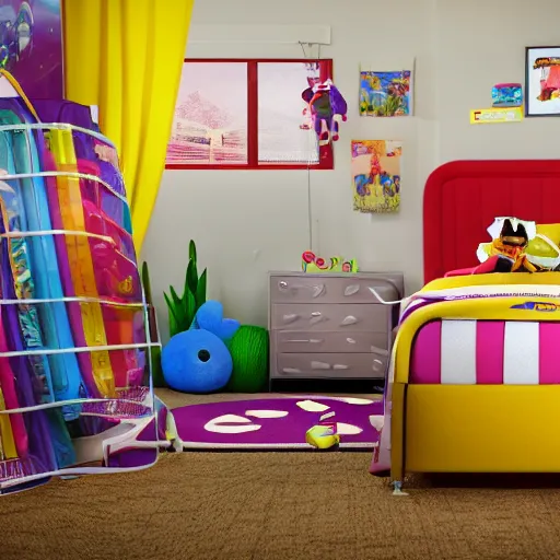 Image similar to eye - level view, in a child's bedroom filled with toys, a super cute gsd runs around in circles on an unmade bed with a toy story comforter, hilarious, funny, back to school comedy, cg animation, 3 d octane render, imax 7 0 mm,