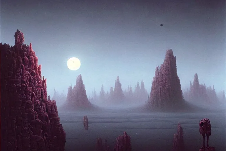 Prompt: a surreal and awe - inspiring science fiction landscape, skull moon in the sky looks like a skull, intricate, elegant, highly detailed matte painting by beksinski and simon stalenhag