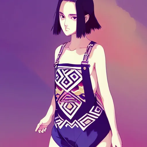 Image similar to a beautiful plus sized model japanese natalie portman, alluring plus sized model, wearing mayan leotard with overalls, street fashion hip hop style with mayan patterns, aztec street fashion, gapmoe yandere grimdark, trending on pixiv fanbox, painted by greg rutkowski makoto shinkai takashi takeuchi studio ghibli, akihiko yoshida