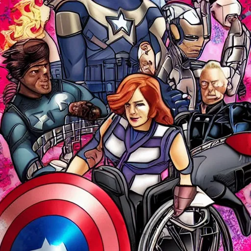 Image similar to the avengers but they are all in a wheelchair