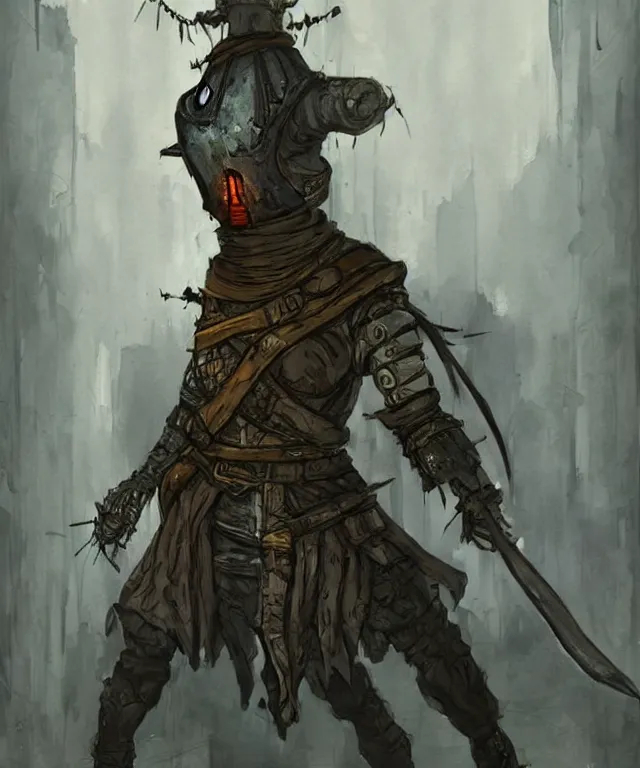 Image similar to a oil / watercolor painting full body character portrait of a artificial slave in the style of dark souls in the style of darkest dungeon trending on artstation deviantart pinterest detailed realistic hd 8 k high resolution