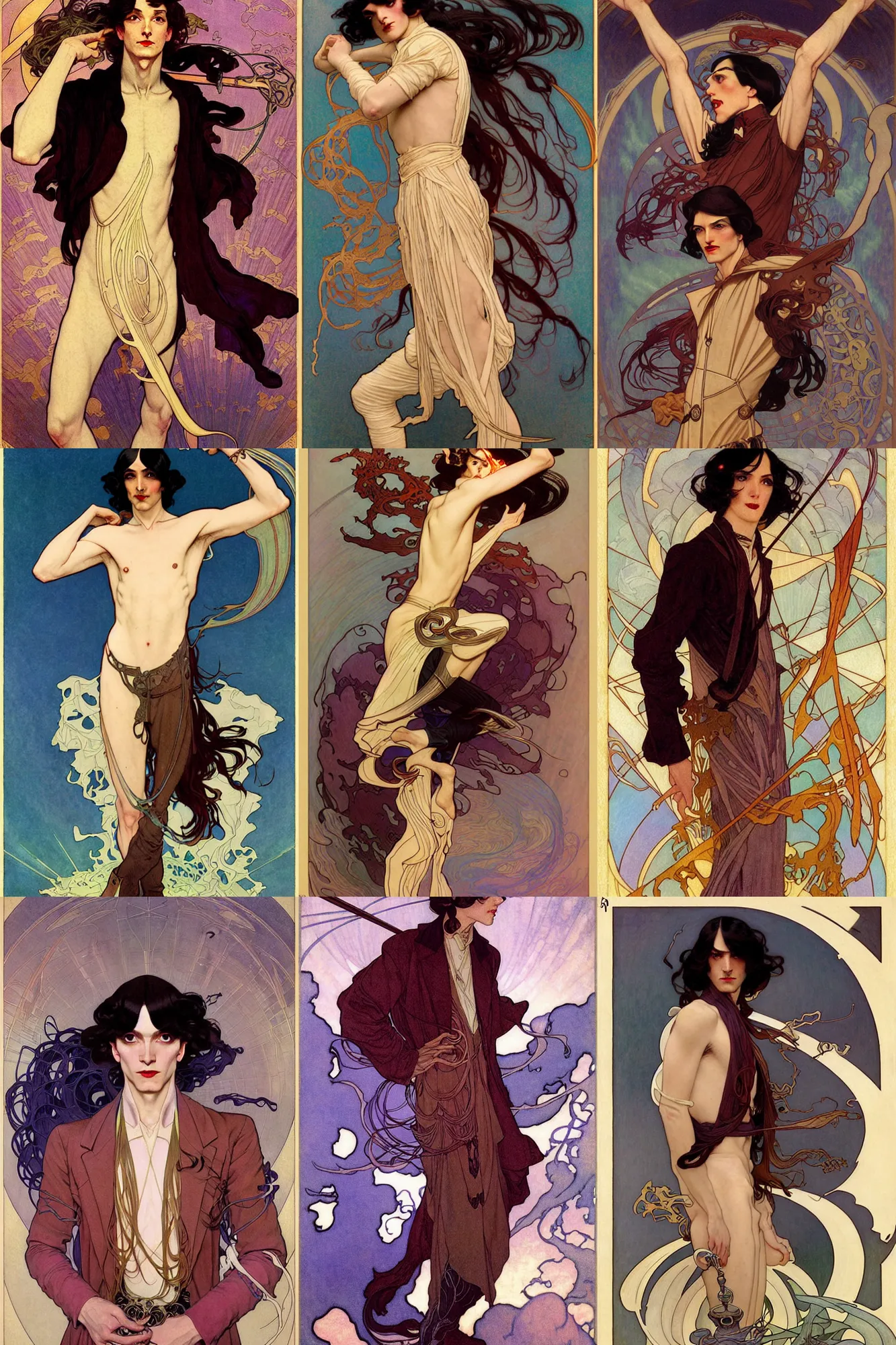 Prompt: thin male mage with long dark hair, 1 9 2 0 s fashion, fantasy, art by joseph leyendecker, peter mohrbacher, ruan jia, finnian macmanus, marc simonetti, ayami kojima, vasnetsov, cedric peyravernay, alphonse mucha, victo ngai, james jean