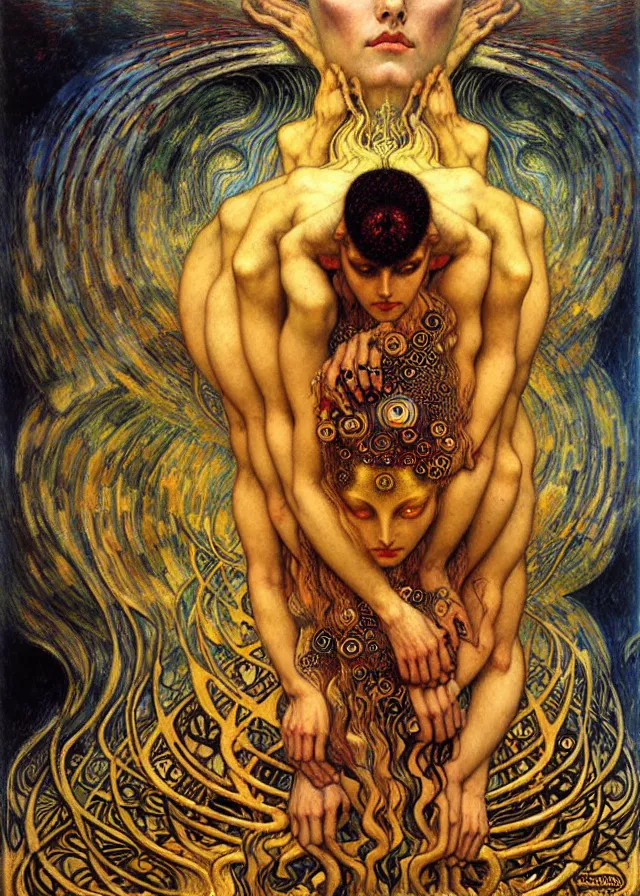 Prompt: Divine Chaos Engine by Karol Bak, Jean Delville, William Blake, Gustav Klimt, and Vincent Van Gogh, symbolist, visionary