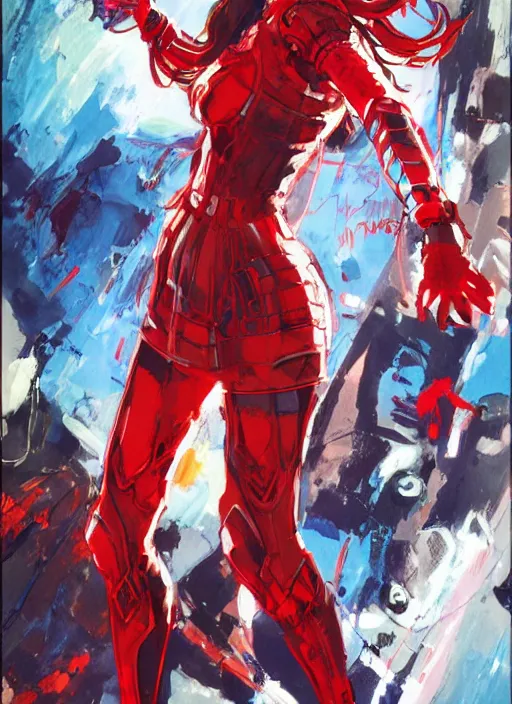 Image similar to marvel scarlet witch, wearing futuristic cybernetic battle armor, by ashley wood, yoji shinkawa, jamie hewlett, 6 0's french movie poster, french impressionism, vivid colors, palette knife and brush strokes, dutch angle