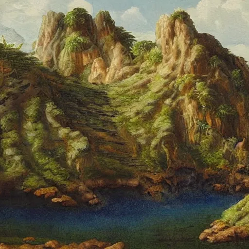 Image similar to painting of a lush natural scene on an alien planet by rafaello ossola. beautiful landscape. weird vegetation. cliffs and water.
