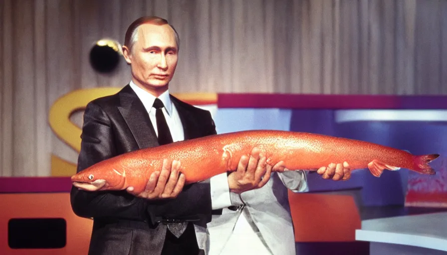 Prompt: 7 0 s movie still of putin in game show, proudly holding a salmon. cinestill 8 0 0 t _ 3 5 mm eastmancolor, heavy grain, high quality, high detail