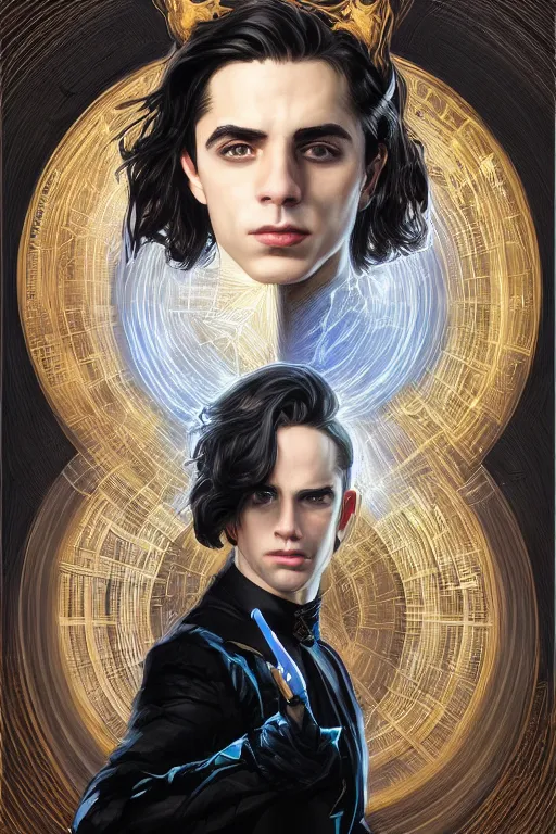 Image similar to portrait of Aidan Gallagher holding a tesseract, medium black hair, Nordic crown, black superhero tuxedo, fantasy, intricate, elegant, realistic, highly detailed, digital painting, artstation, concept art, smooth, sharp focus, illustration, art by artgerm and greg rutkowski and alphonse mucha