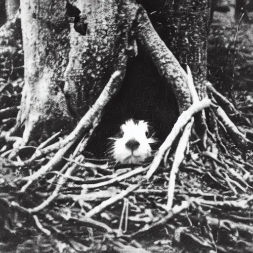 Prompt: a guinea pig wearing a Russian ww1 uniform surrounded by dead trees, grainy black and white photograph